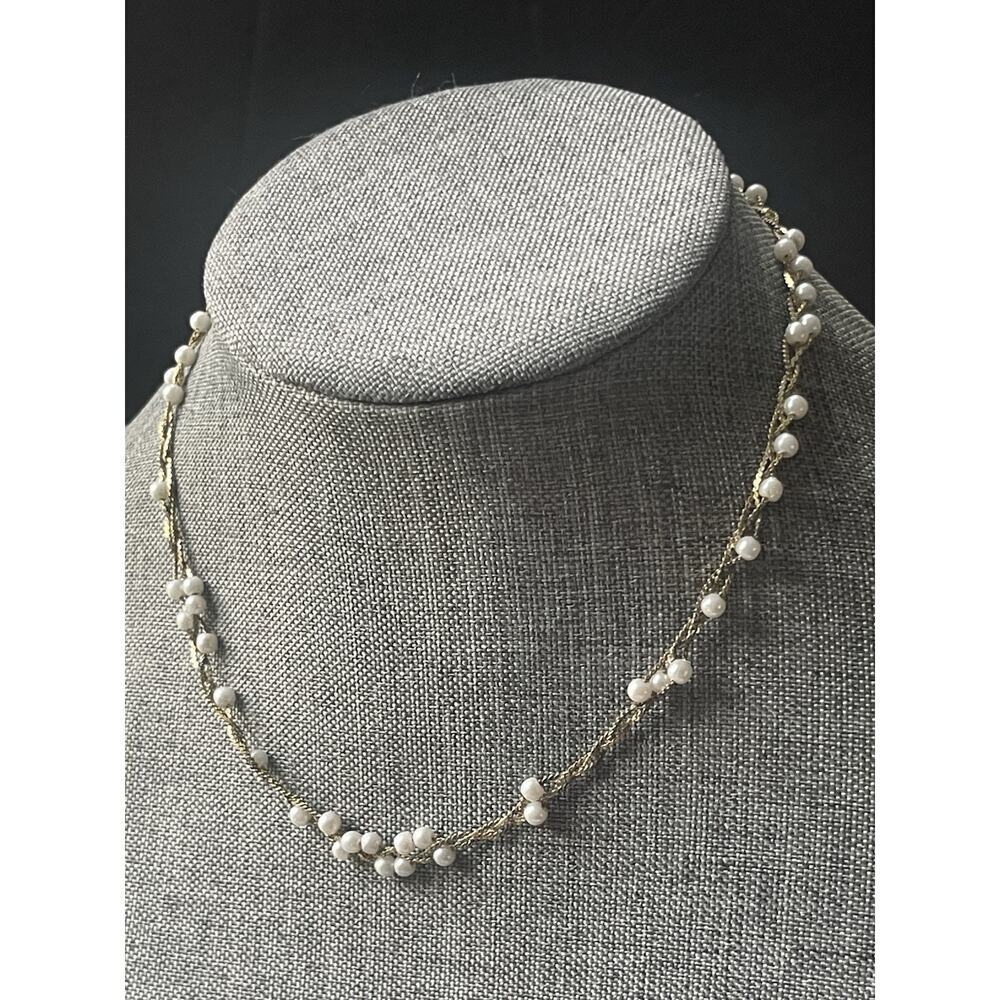 Vintage Faux Pearl Braided Necklace Woven Chain Gold Tone Career Wedding